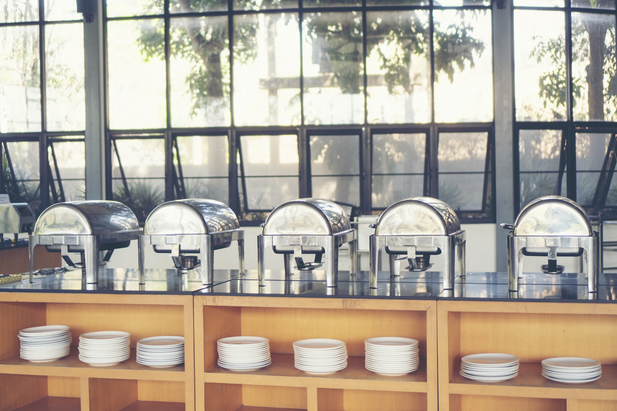 Lunch counter at modern public catering restaurant