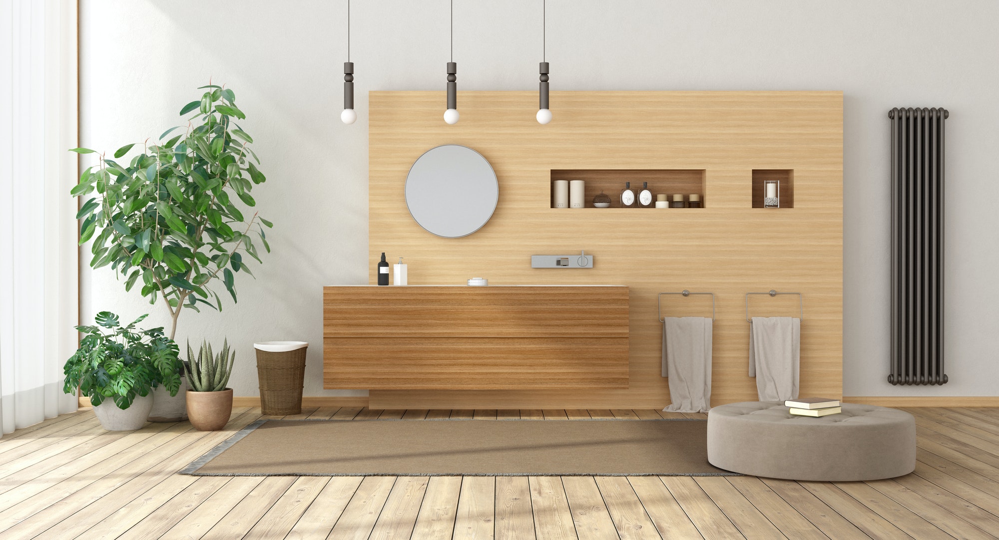 Minimalist bathroom with wooden furniture